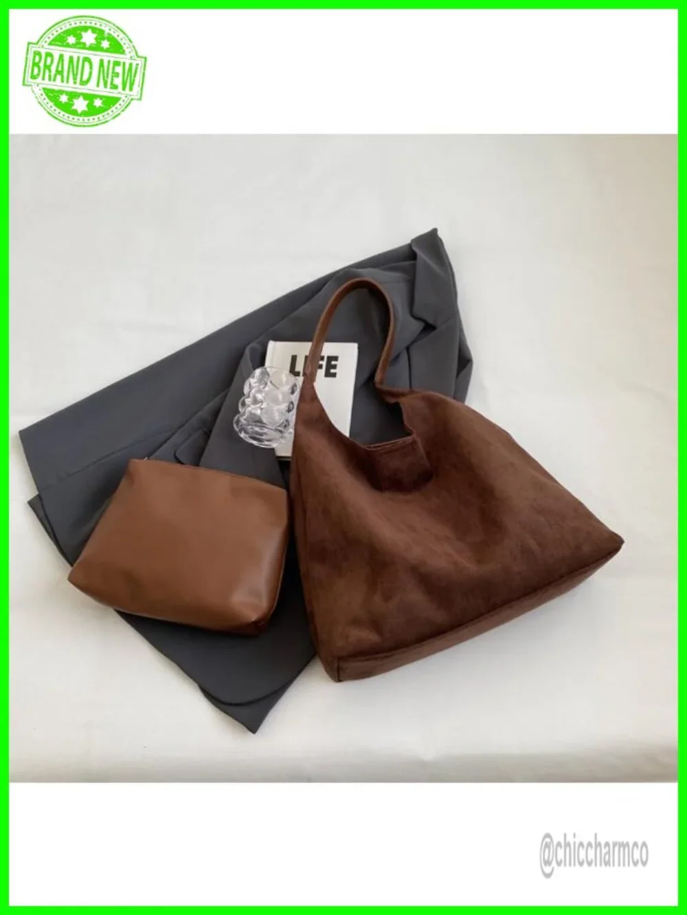Faux Suede Hobo Bag Slouchy Purse Fashionable Shoulder Tote Handbag